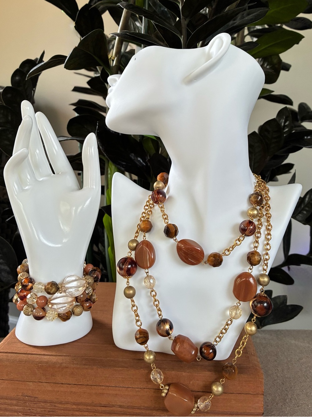 Vintage Multi-Strand Brown, Gold And Amber Tone Beaded Necklace and Bracelet Set
